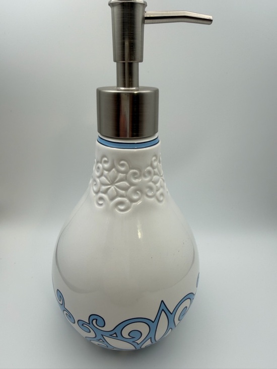 The Unbranded Brand Other - White and Blue Ceramic Soap Dispenser, Decorative Bath Accessory
